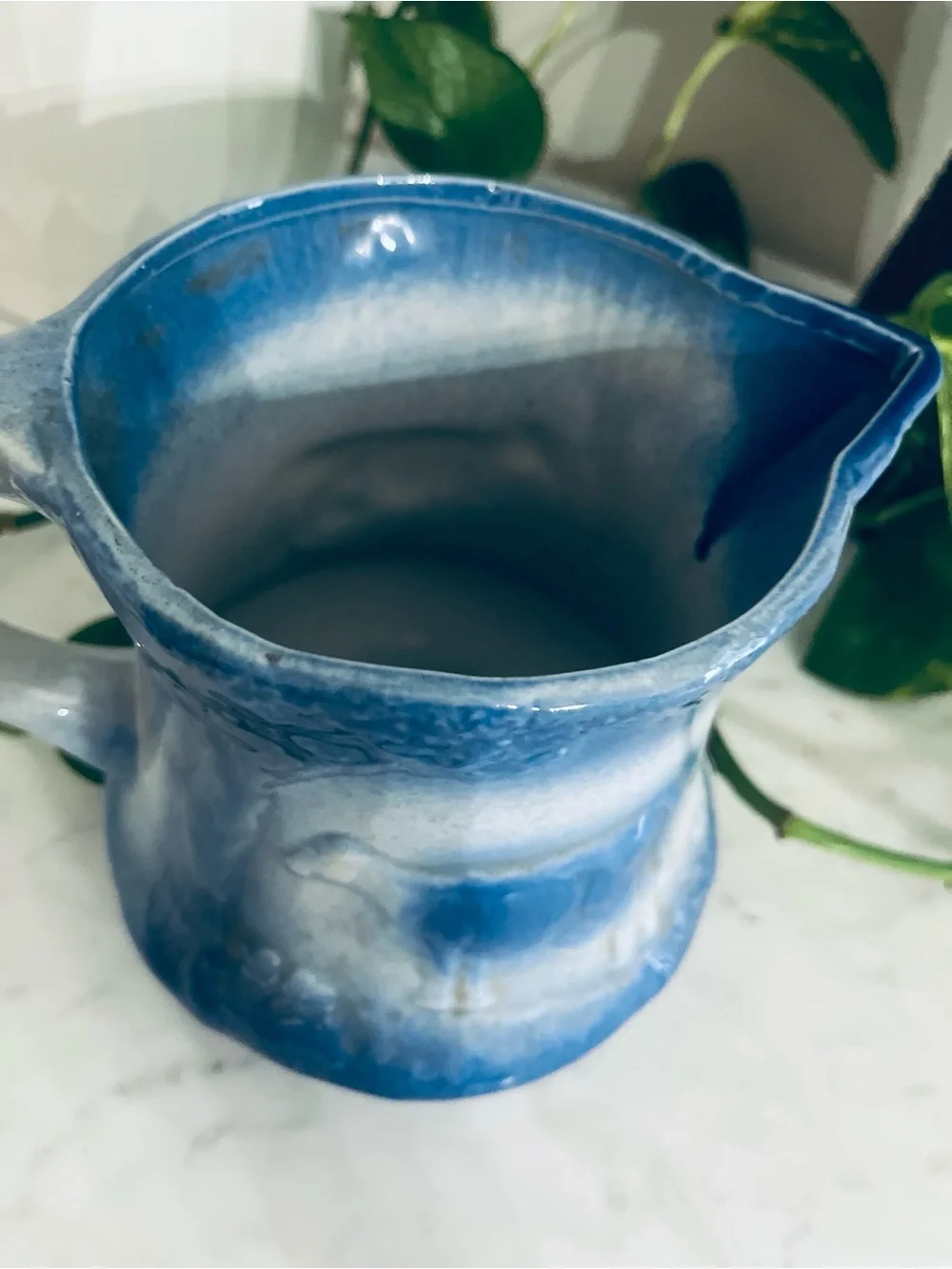 Vintage Blue Salt Glazed Stoneware Pitcher Cow in Pasture Flowers